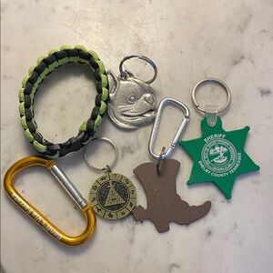 Keychains and Bracelet Set with Green and Gold Accents